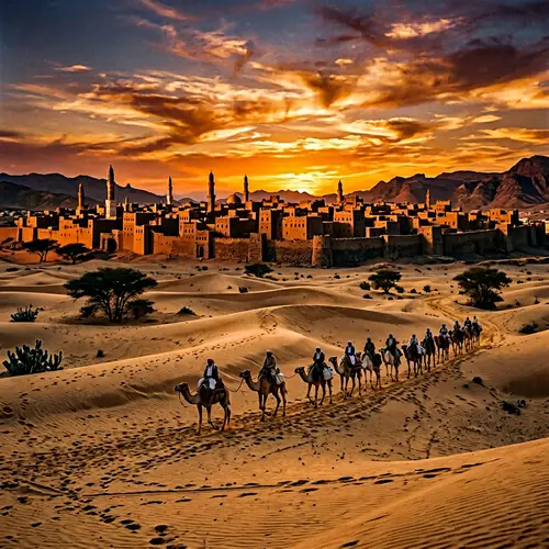 Serene Yemen Desert Landscape with Camels at Sunset