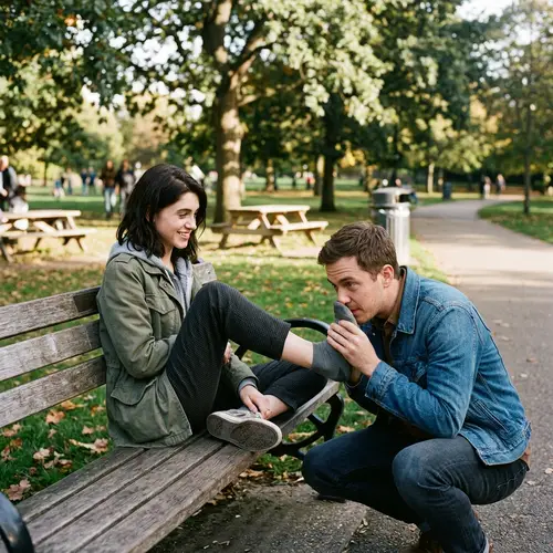 Man Smelling Natalie Dyer's Foot in Park