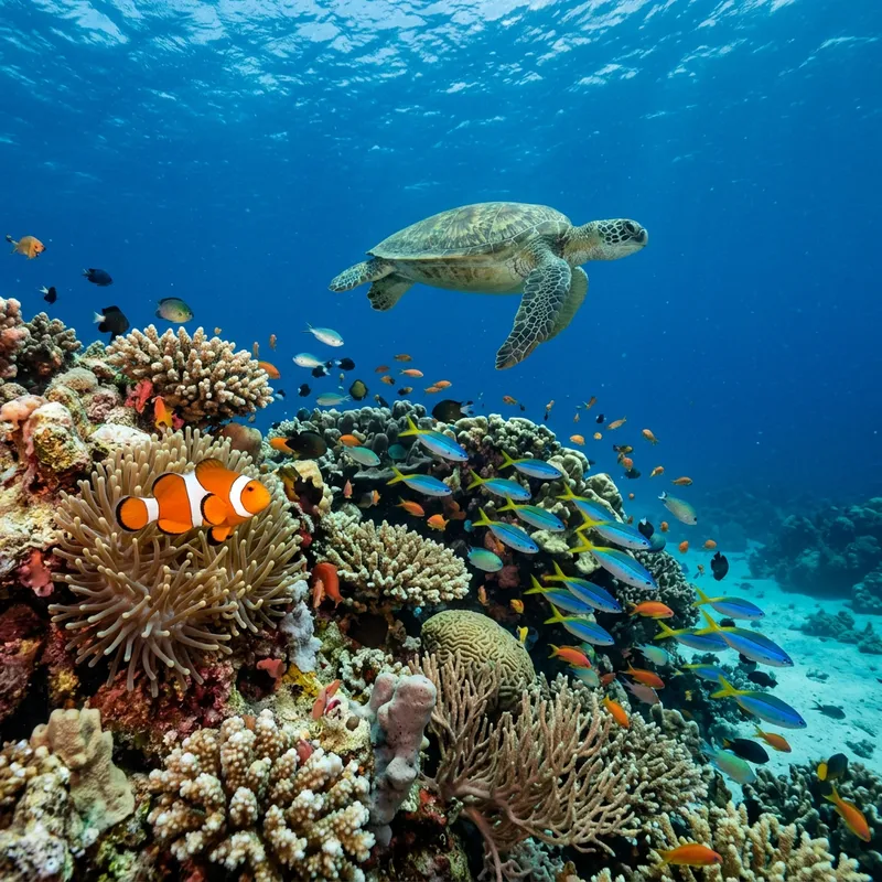 Colorful Sea Life: Fish and Turtle Underwater