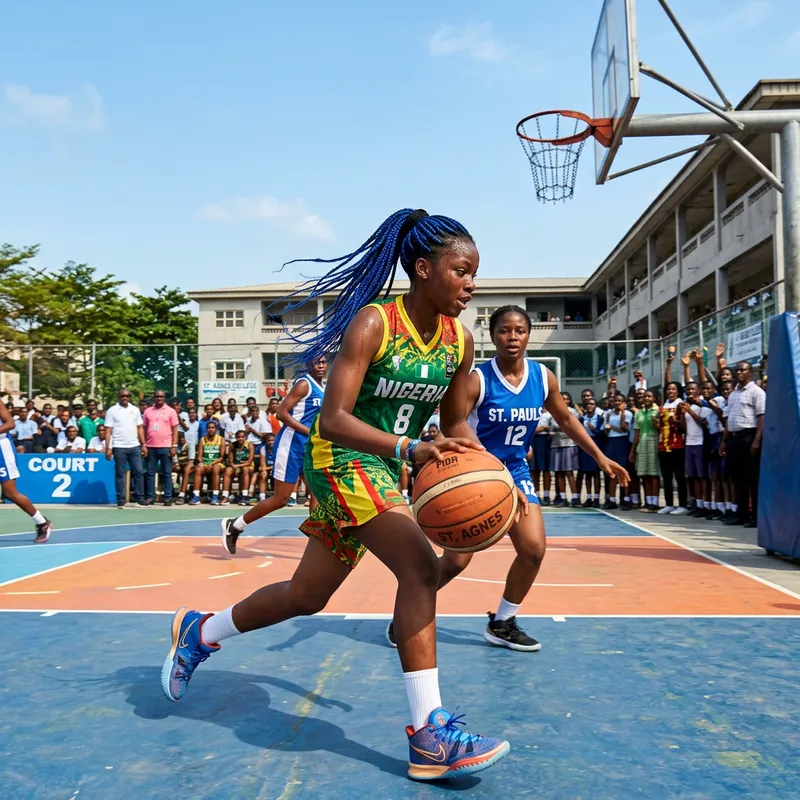 Young Nigerian Girl Playing Basketball with Blue Braids