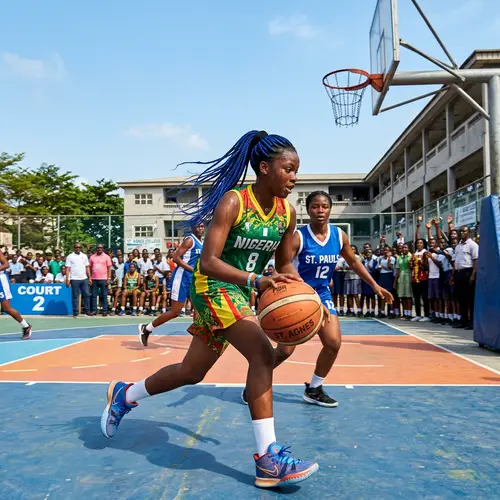 Energetic Nigerian Girl Playing Basketball on Vibrant School Court