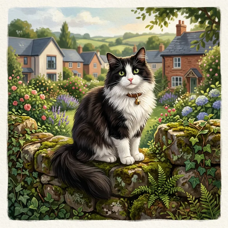 Majestic Black and White Cat on Garden Wall Majestic Black and White Cat on Garden Wall