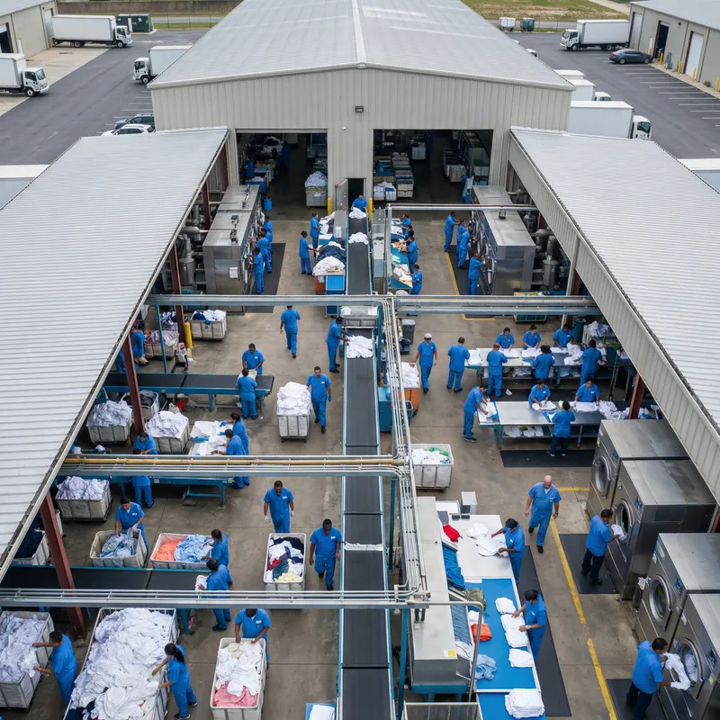 Diverse Workforce in Action at Industrial Laundry Facility