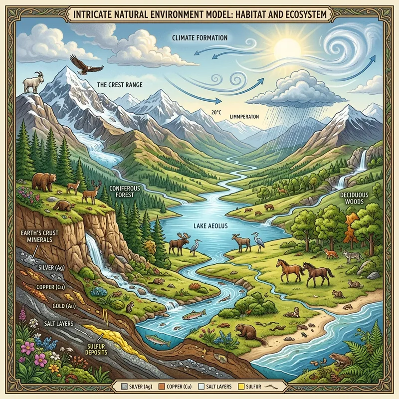Intricate Natural Environment Illustration: Land, Relief, Water, Climate, Minerals, Flora & Fauna Depiction