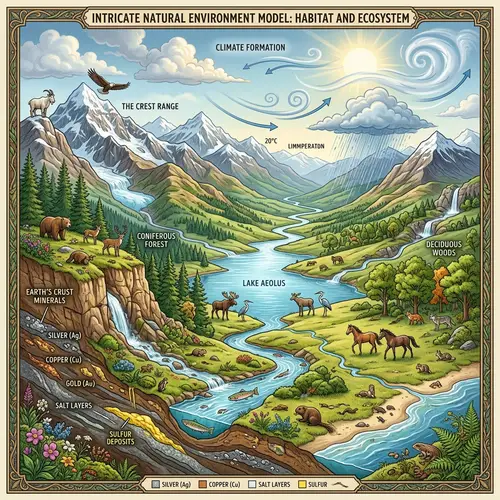 Intricate Natural Environment Illustration: Land, Relief, Water, Climate, Minerals, Flora & Fauna