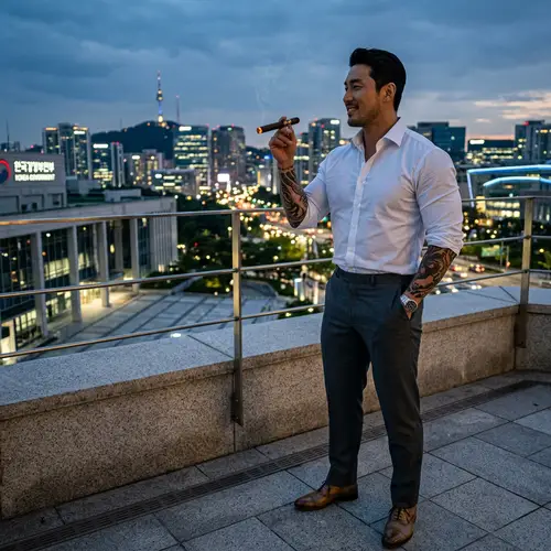 Muscular Korean Male Government Official Smoking