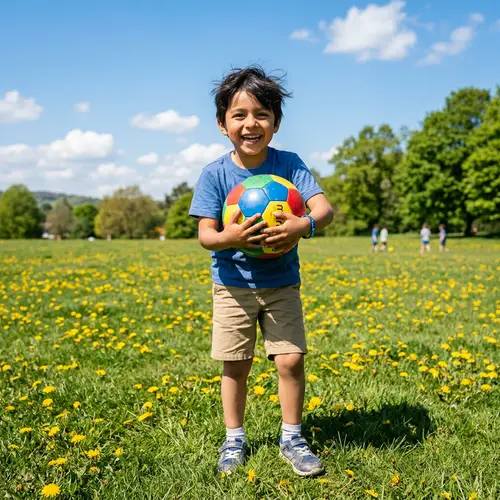 Cheerful Hispanic Boy with Soccer Ball | Outdoor Joyful Scene