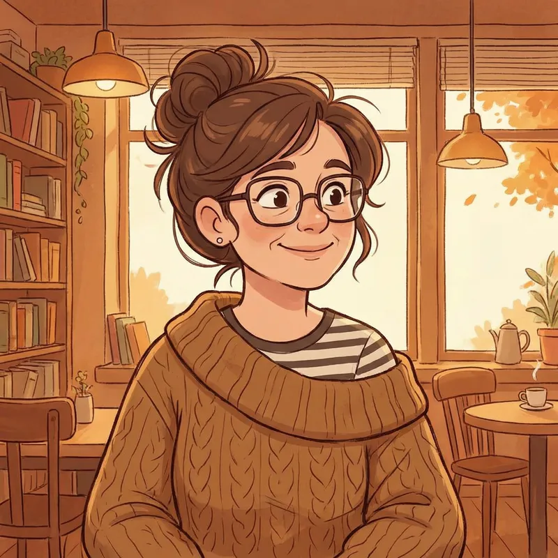 Cartoon Woman in Brown Sweater - Creative Illustration