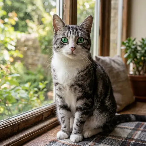 Exquisite Green-Eyed Domestic Cat with Charcoal Grey and Snow White Fur
