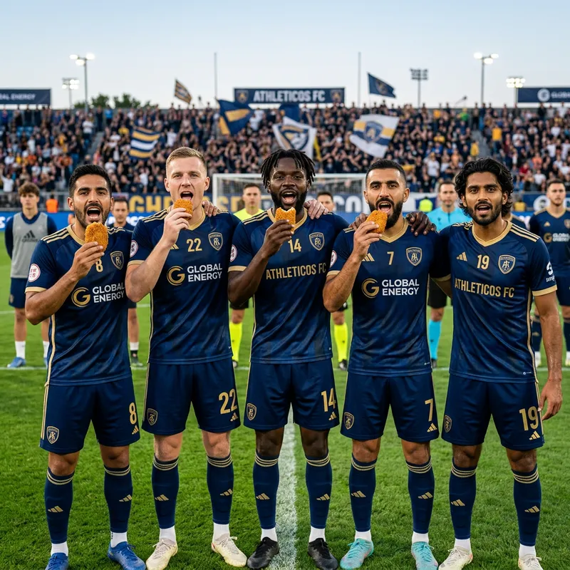 Diverse Football Players Singing Anthem and Enjoying Croquette Moment