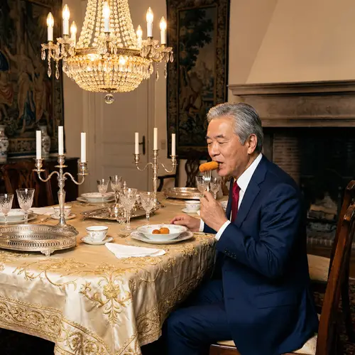 Asian Governor Enjoying Croquette | Lavish Dining Scene