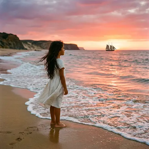 Hispanic Girl Waiting on Seashore at Sunset