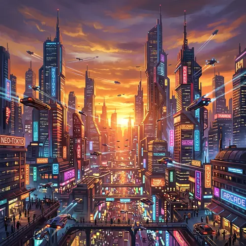 Futuristic Cityscape at Sunset - Cyberpunk Skyscrapers & Flying Cars