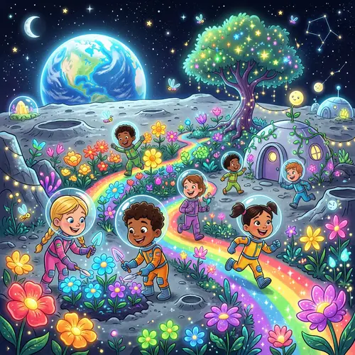 Magical Moon Garden: Colorful Flowers Cartoon Style