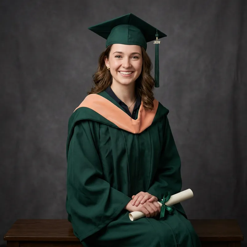 Graduation Portrait in Green Toga with Peach Hood Graduation Portrait in Green Toga with Peach Hood