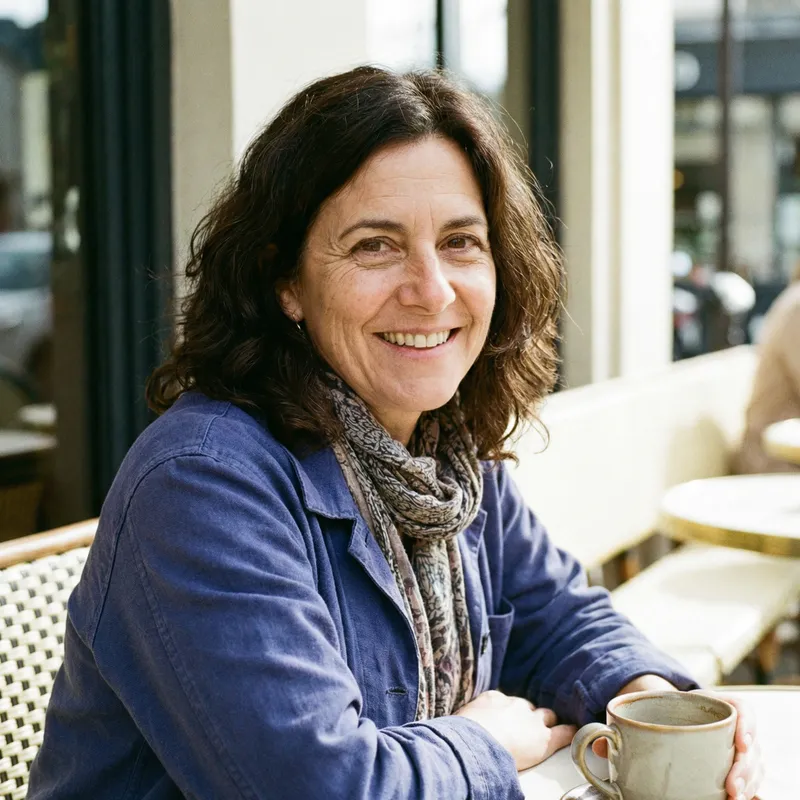 Stylish 50-Year-Old Woman with Medium-Length Dark Brown Hair and Brown Eyes