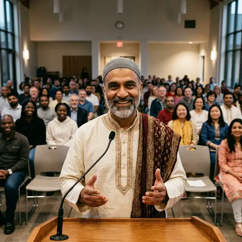 A Nurturing Religious Figure of South Asian Descent Speaking to a Diverse Congregation