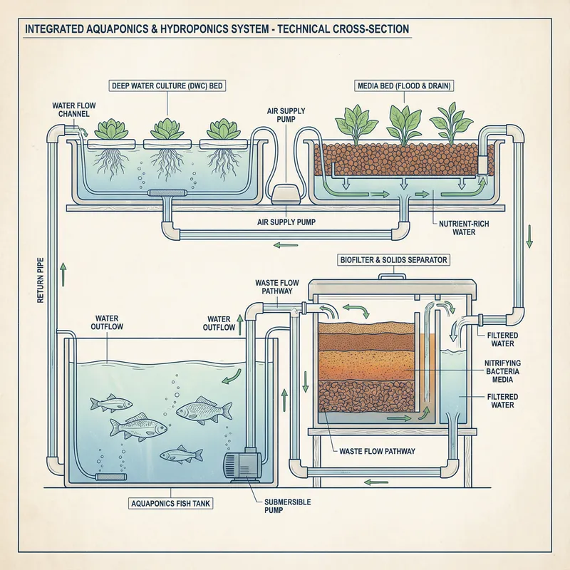 Intricate Aquaponics & Hydroponics System Illustration
