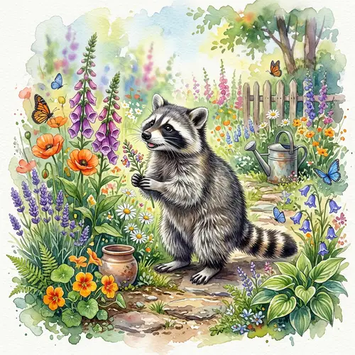 Vibrant Watercolor Raccoon in a Garden