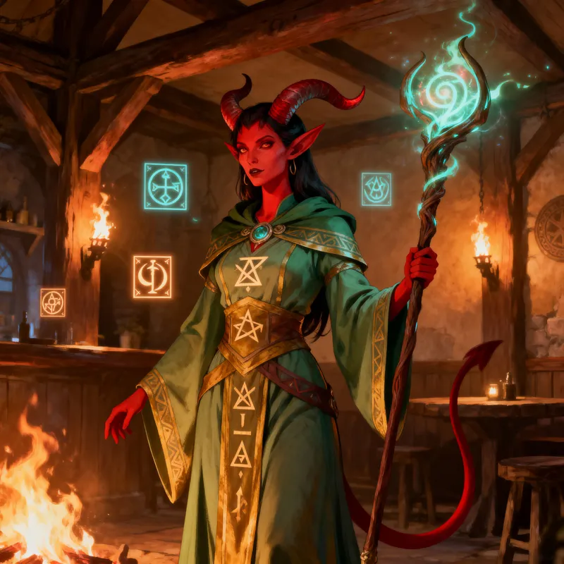 Female Tiefling Sorcerer in Magical Robes