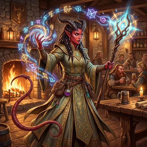 Female Tiefling Sorcerer in Magical Robes