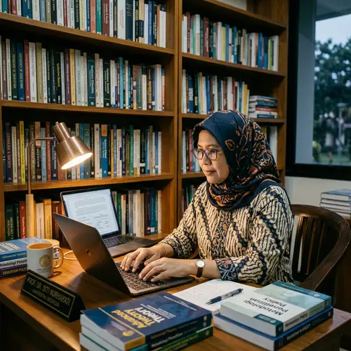 Indonesian Hijab-Wearing Mother: University Professor Typing at Desk