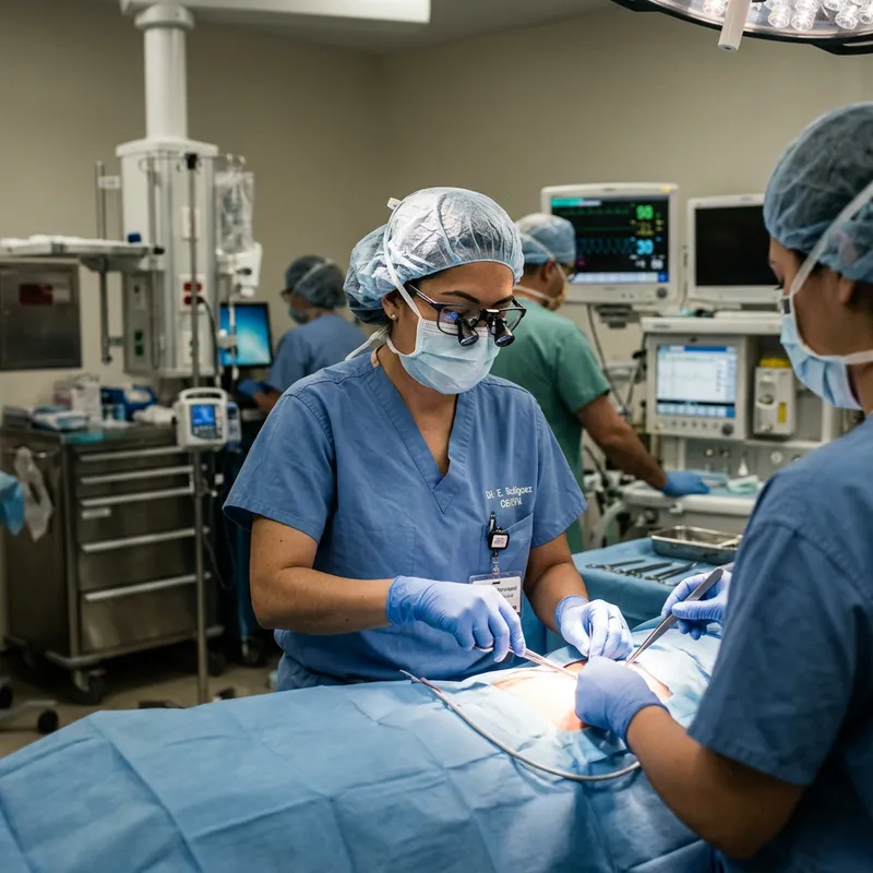 Hardworking Hispanic Female Gynecologist Performing Cesarean Section