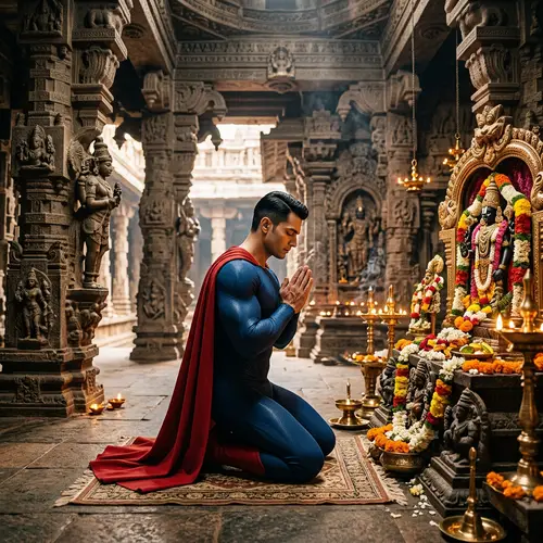 Superman Praying in Indian Temple - Serene and Reverent