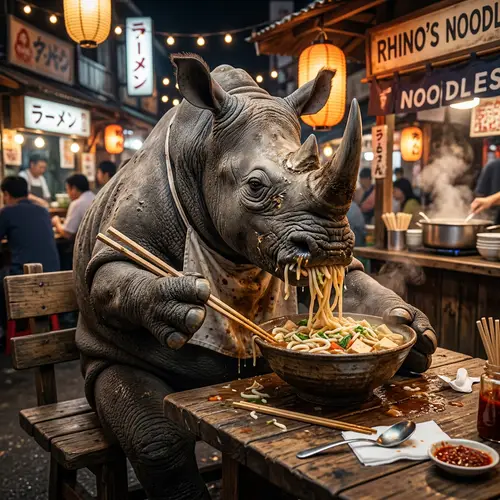 Rhino Devouring Noodles: A Quirky Scene in the Wild