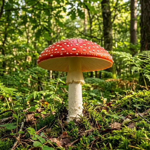 Vibrant Red Mushroom in Lush Forest - Detailed Image