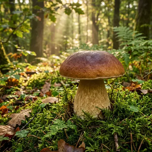 Plump Mature Mushroom in Serene Forest Setting