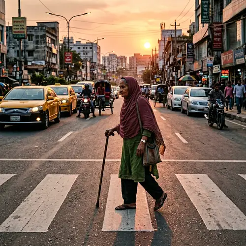 Elderly South Asian Woman Crossing Busy City Street