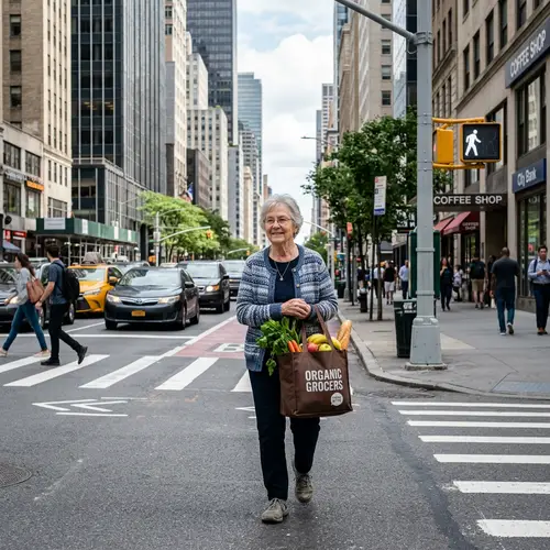 Elderly Woman Crossing City Road with Bag of Groceries