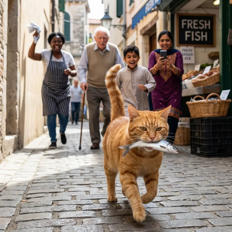 Sneaky Cat Grabs Fish - Playful Pursuit Through Alley