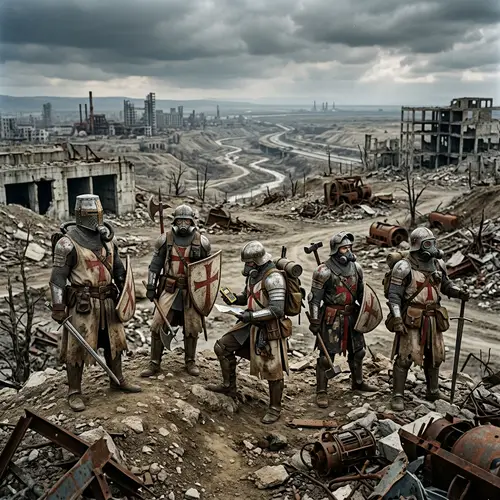 Medieval Armor Characters in Post-Apocalyptic Wasteland
