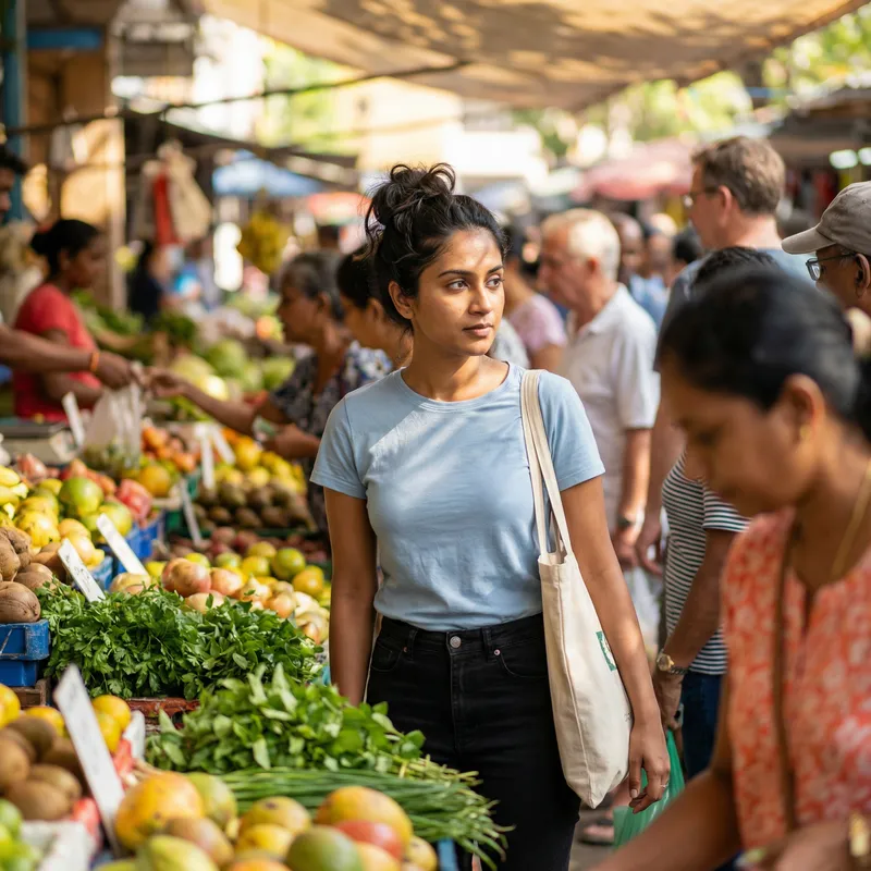 Vibrant Marketplace Scene with Thoughtful Woman