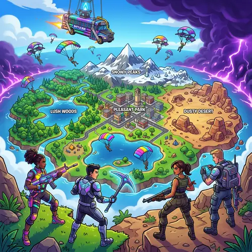 Vibrant Battle Island: Diverse Zones, Colorful Players & Varied Weapons