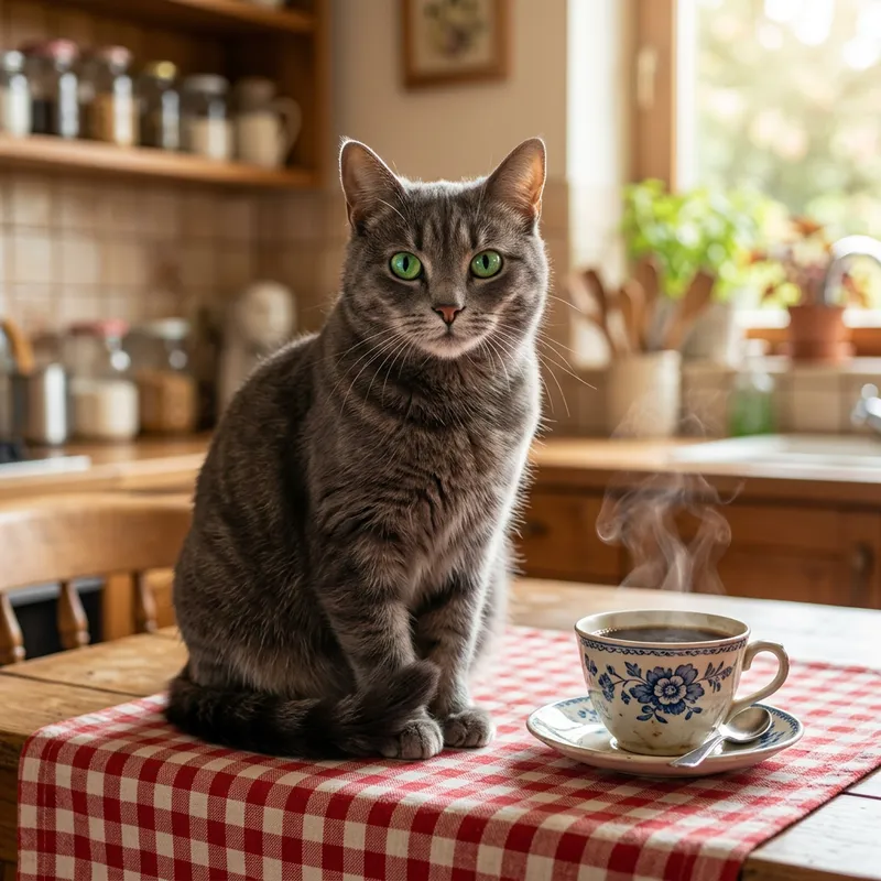 Cozy Cat Enjoying Coffee on Tablecloth