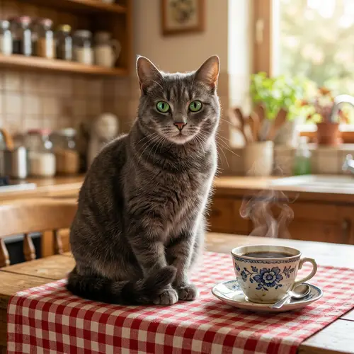 Domestic Short-Haired Cat on Checkered Tablecloth