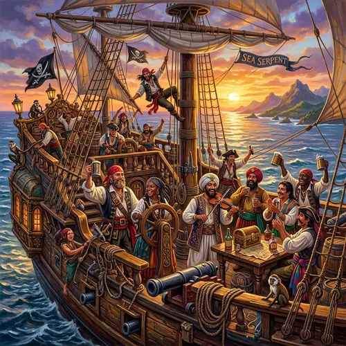 Pirate World Adventure: A Colorful Ocean Scene with Diverse Pirates