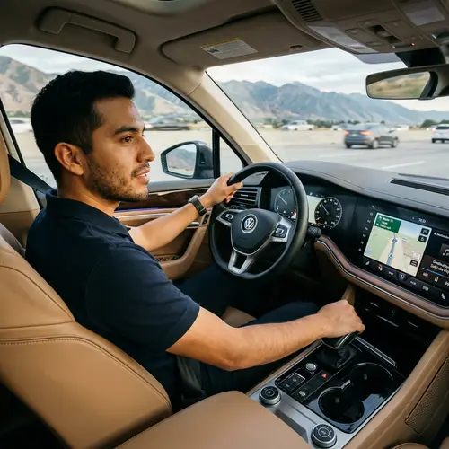 Hispanic Man Driving Volkswagen Touareg with Clean Interior