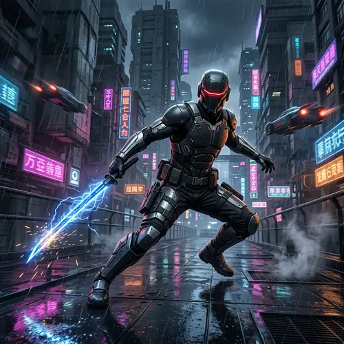 Futuristic Cyborg Soldier with Electric Sword | Dystopian Cityscape
