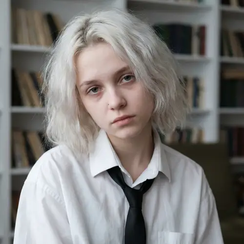 Small Statured Caucasian Girl with Snow-White Fluffy Hair