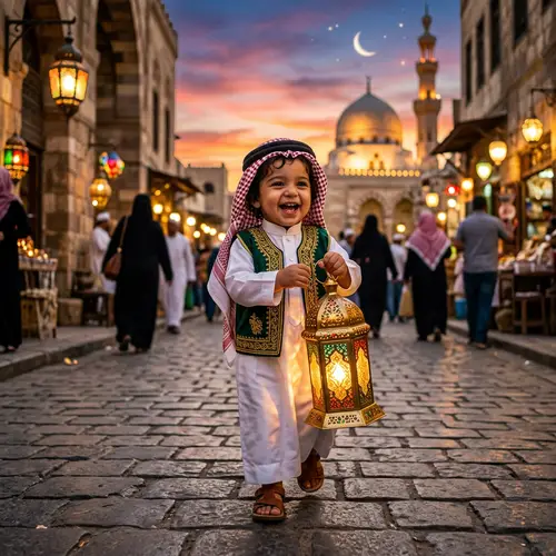 Happy Middle-Eastern Baby Boy Carrying Ramadan Fanos