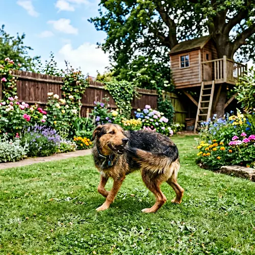 Playful Dog Chasing Tail in Suburban Garden