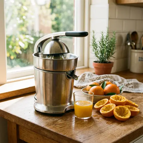 Modern Stainless Steel Juicer on Wooden Kitchen Counter