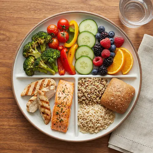Well-Balanced Meal with Vegetables, Fruits, Lean Proteins, and Whole Grains