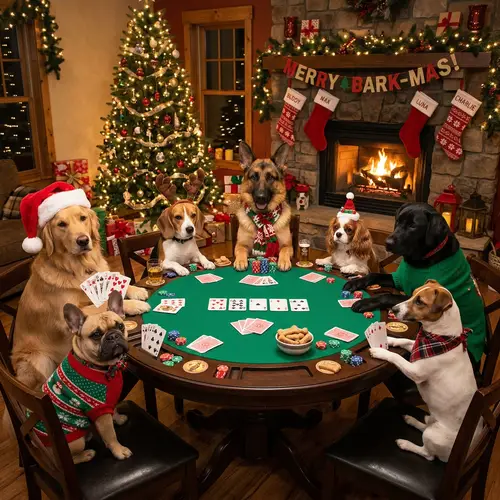 Christmas Dogs Playing Poker - Festive Fun