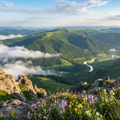 Majestic Mountain Landscape: Rolling Hills & Sparkling River