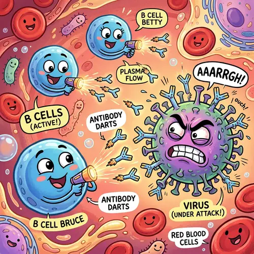 Cartoon B Cells Throwing Antibodies at Viruses